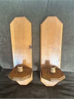 Pair of Vintage Farmhouse Wooden Wall Candle Sconces in Honey Brown